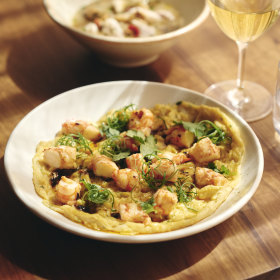 Prawn omelette with coriander and chilli crunch.
