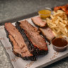 Plate 2 with beef brisket, pork belly and fries and hot wings.