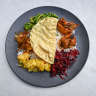 White rice; kale mallum; chicken, beetroot and cassava curries; pappadum.