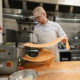Pasta is made by hand.