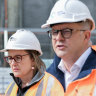 Anthony Albanese (right) with Jacinta Allan at a North East Link media conference on May 9, 2024. 