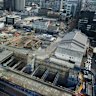 An aerial view of the under construction metro west station in Parramatta.