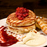 Pancakes with poached rhubarb, baked apple, coffee caramel and mascarpone.