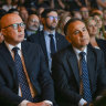 Leader of the Opposition,  Peter Dutton and Victorian opposition leader John Pesutto in a rare public meeting at the launch of the Melbourne Holocaust Museum in November 2023, 