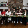 Joel Young (Butcher Joel Young), Sarah Norris, Nik Hill (Porcine), Callan Boys, Junda Khoo (Ho Jiak), Bianca Hrovat and Danielle Alvarez (Sydney Opera House) take on Christmas hams at Porcine in Paddington.