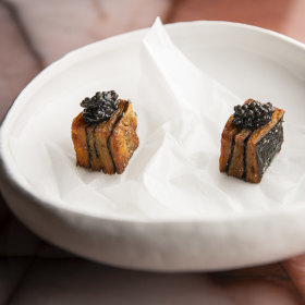 Crisp potato, caviar.