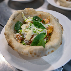Gnocchi in a pizza bowl.
