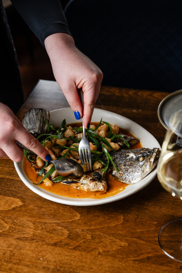 Deboned market fish with prawns and fermented chilli.