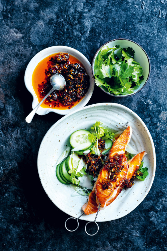 Seared chilli salmon with coconut cucumber salad.