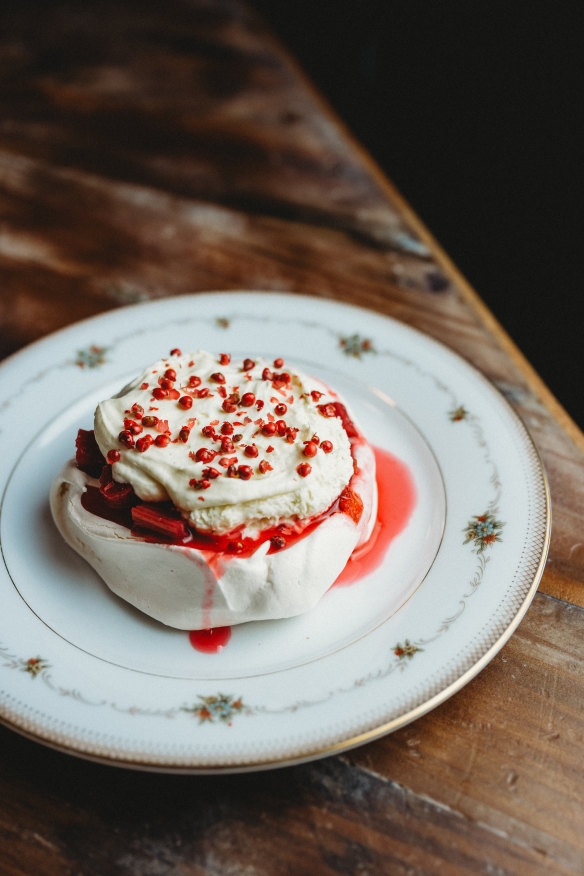 Pavlova with white vermouth and bay leaf-poached rhubarb at Hey Rosey. 