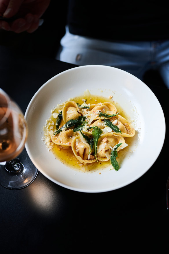 Pumpkin &amp; mascarpone tortellini with brown butter, topped with sage and grana padano.