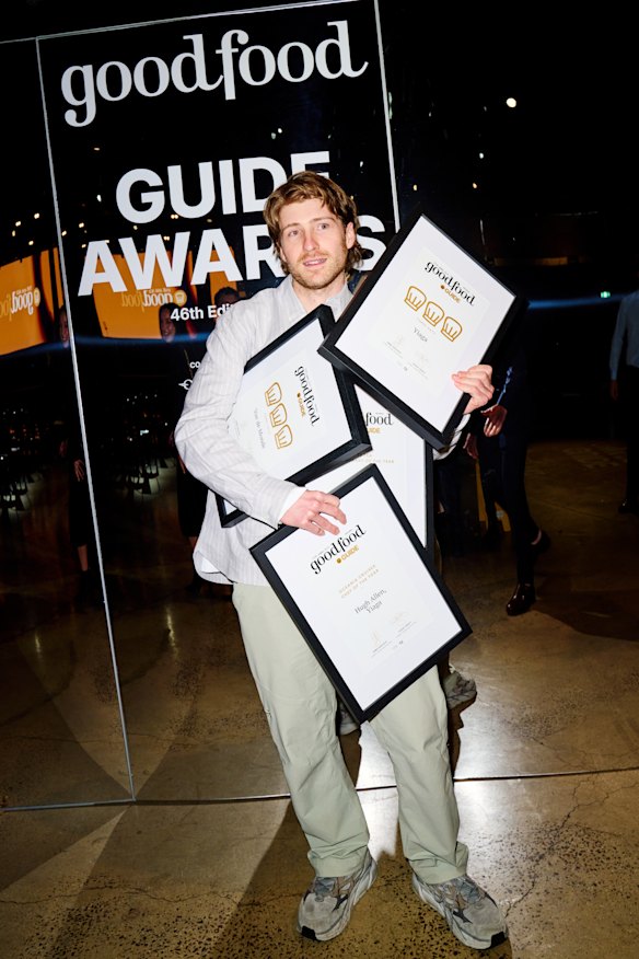 Hugh Allen juggling all his awards at Monday’s The Age Good Food Guide launch.