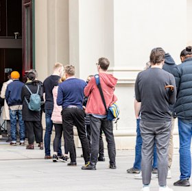 The vaccination queue at the Exhibition building.