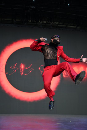 Genesis Owusu performs at the Sidney Myer Music Bowl as part of Falls Festival.