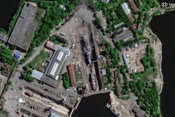 A satellite image shows the Russian warship Boikiy on fire at a naval base near St Petersburg.