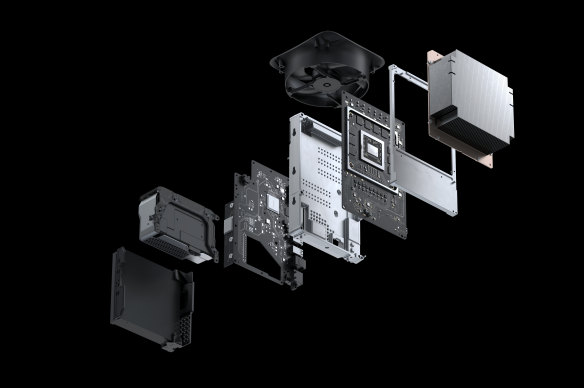 Inside the Series X's motherboard is split into two pieces, making for more efficient cooling and giving it its unconventional shape.