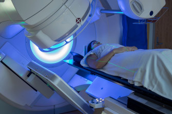 A patient receives radiotherapy for breast cancer.