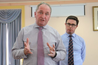Questions to answer: Nationals MP Barnaby Joyce and Minister for Water David Littleproud at a community forum in Tamworth on Tuesday.