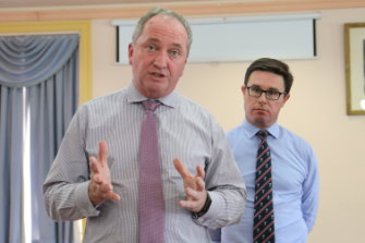 Questions to answer: Nationals MP Barnaby Joyce and Minister for Water David Littleproud at a community forum in Tamworth on Tuesday.