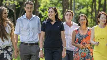 Premier Annastacia Palaszczuk (fourth from left) with likely Labor winners (L-R) Meaghan Scanlon (Gaven), Bart Mellish (Aspley), Melissa McMahon (Macalister), Charis Mullen (Jordan), Jess Pugh (Mount Ommaney) at a barbecue at Rocks Riverside Park, Seventeen Mile Rocks on Sunday.