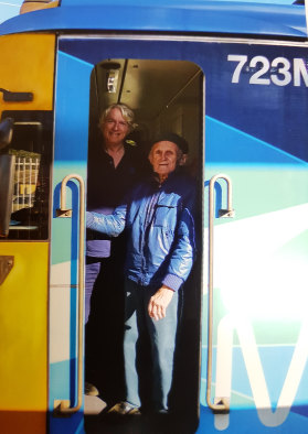 George Wernicke (right) with an unidentified train driver at Clayton railway station August 2017.