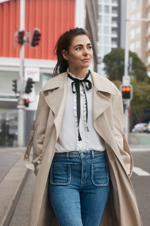 Bassike trench, $950, from David 
Jones. Sandro “Angus” shirt, $545, 
from David Jones. Maje jeans, $440. 