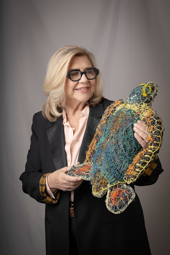 Kim McKay with a favourite object from the Australian Museum collection: a Pormpuraaw Ghost Net sculpture, made from discarded plastic commercial fishing nets, lines and traps. Ghost nets drift in the ocean and create a deadly hazard for marine life before washing up on beaches. In the late 1980s, McKay co-founded Clean Up Australia and saw first-hand the devastation ghost nets cause.