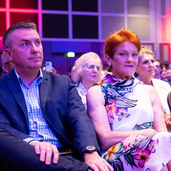 One Nation leader Pauline Hanson with James Ashby (left) at the CPAC Great Britain conference this year. 