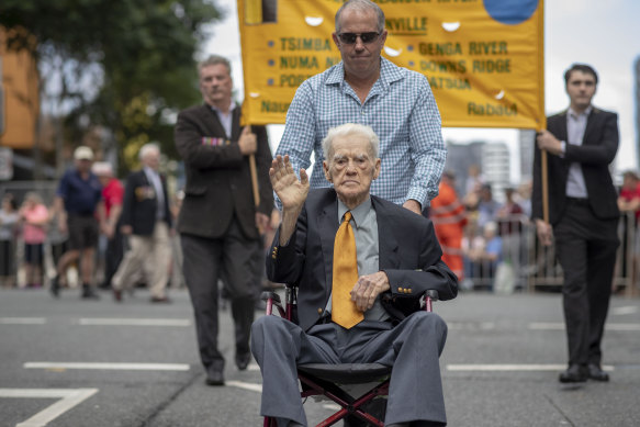 WWII Private Noel Pilcher is seen during the Anzac Day parade in Brisbane.