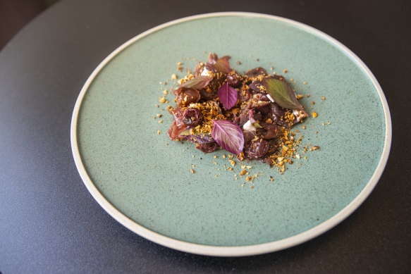 Paroo kangaroo bresaola, macadamia, roasted cherries, red amaranth.