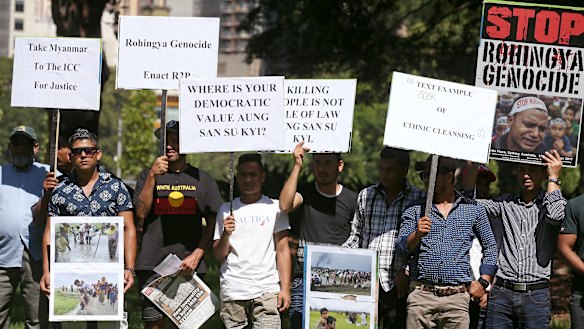 Members of the Rohingya community gather in Hyde Park to protest against Myanmar leader Aung San Suu Kyi's appearance at the ASEAN summit on Saturday.