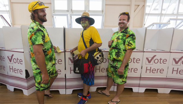 Cricket fans David Mills, Glen Spence and Nigel Thurgood dressed informally but hopefully voted correctly.