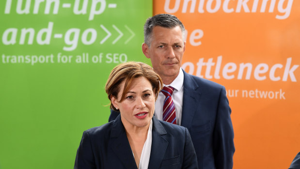 Queensland Acting Premier Jackie Trad (left) and Cross River Rail Delivery Authority CEO Graeme Newton announce the five short-listed consortia bidding to build Brisbane's underground rail.