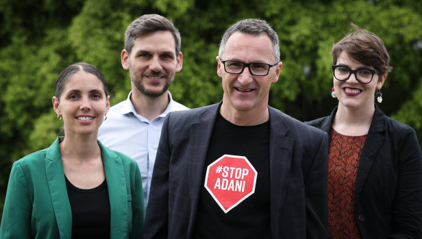 The Green's Brisbane performers - Kirsten Lovejoy (McConnel), Michael Berkman (Maiwar) and Amy McMahon (South Brisbane) with federal leader Richard Di Natale in the final days of campaigning last week.