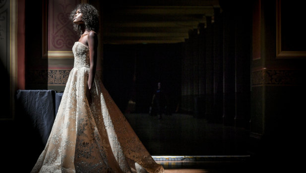 A model wearing a design by Steven Khalil at rehearsals for the bridal runway at the Melbourne Fashion Festival.