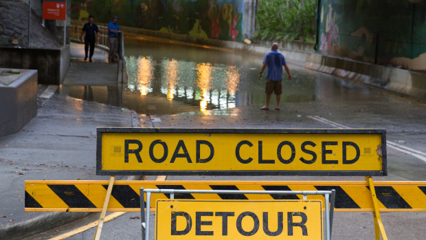 Parkland Boulevard, off Roma Street in Brisbane, was closed due to flooding on Tuesday morning.