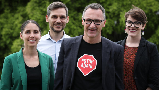 Candidate for Maiwar, Michael Berkman (second from left), with (left to right) Greens candidate for McConnel, Kirsten Lovejoy, Greens Leader, Senator Richard Di Natale, and candidate for South Brisbane, Amy MacMahon.