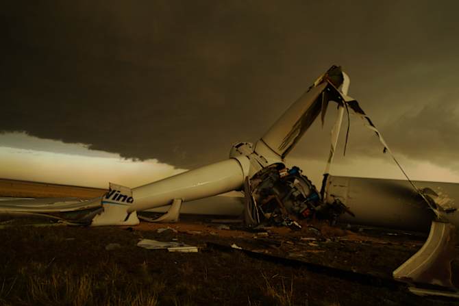 Microbursts and derechos (extremely strong straight line winds) are the most likely suspect for the destruction of this massive wind turbine on the border of Texas and Oklahoma.
