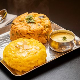 Double Delight Chow Chow Bath: one savoury, spicy patty and one sweet pineapple kesari patty.