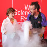 An explosion of liquid nitrogen at the World Science Festival Brisbane 2021 launch at Queensland Museum on Sunday.