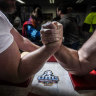 Training session at House of Pain arm-wrestling club in Dandenong South. 