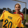 Zara Borcak at Old Bridge FC with the jersey given to her by Sam Kerr at the Australia vs France match in Brisbane on Saturday.