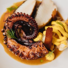 Fish, octopus and prawn confit with fennel, prawn bisque and rouille.