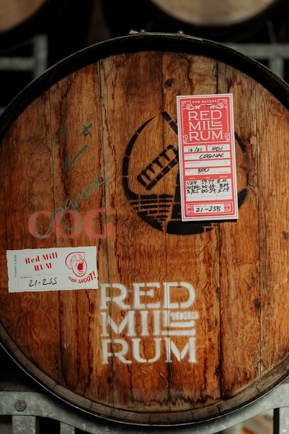 The Red Mill Rum tagline “Your Shout” on a barrel label. 