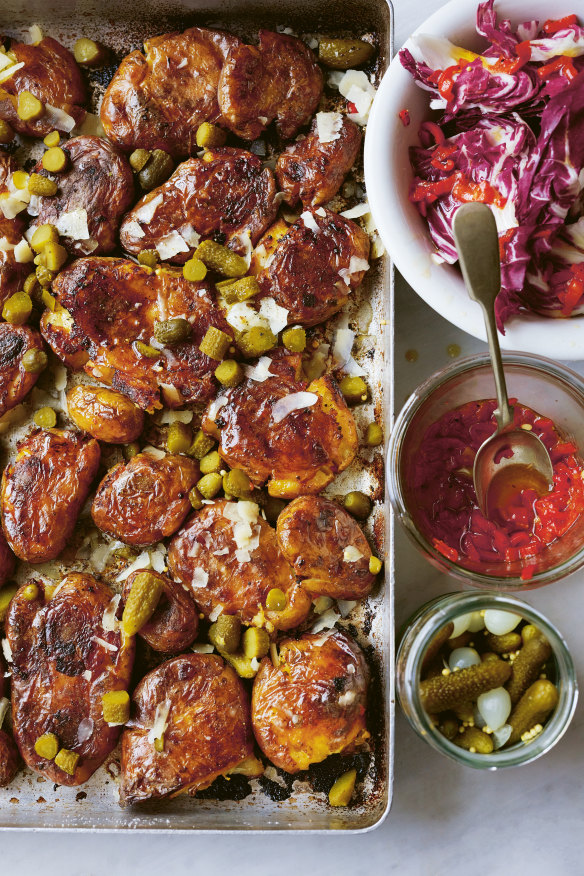 Roasting potatoes in pickle brine gives them a chip-shop-vinegar feeling.