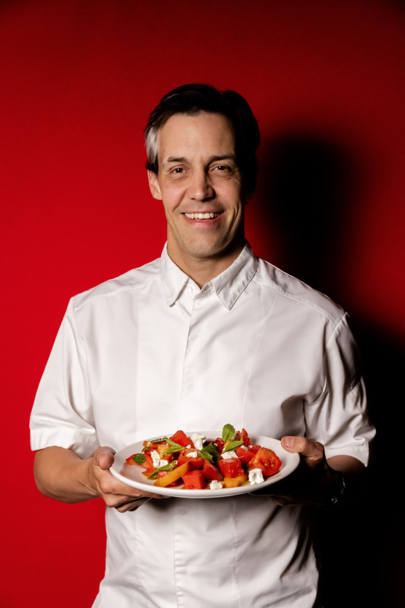Nathan Johnson with his heirloom tomato and watermelon salad with feta, chilli and mint.
