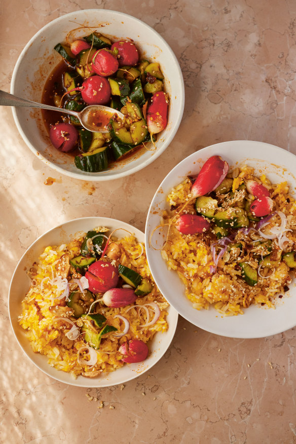 An easy smacked cucumber and radish salad adds crunch to egg-fried rice.