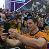 Michael Hooper takes a selfie with fans at the Hong Kong Sevens in April.