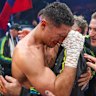 Jai Opetaia breaks down in tears after winning the world title.