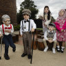 St Patrick’s Primary School  kindergarten students Levi Wiffin, Isaiah Chehab, Gabriella Yousif, Marcus Mieth and Jasmine Hammond dressed up for 100 Days of Kindy in Guildford, Sydney.